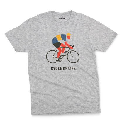 A grey marle t-shirt featuring a graphic of a cyclist riding a road bike with the text 'CYCLE OF LIFE' printed below.