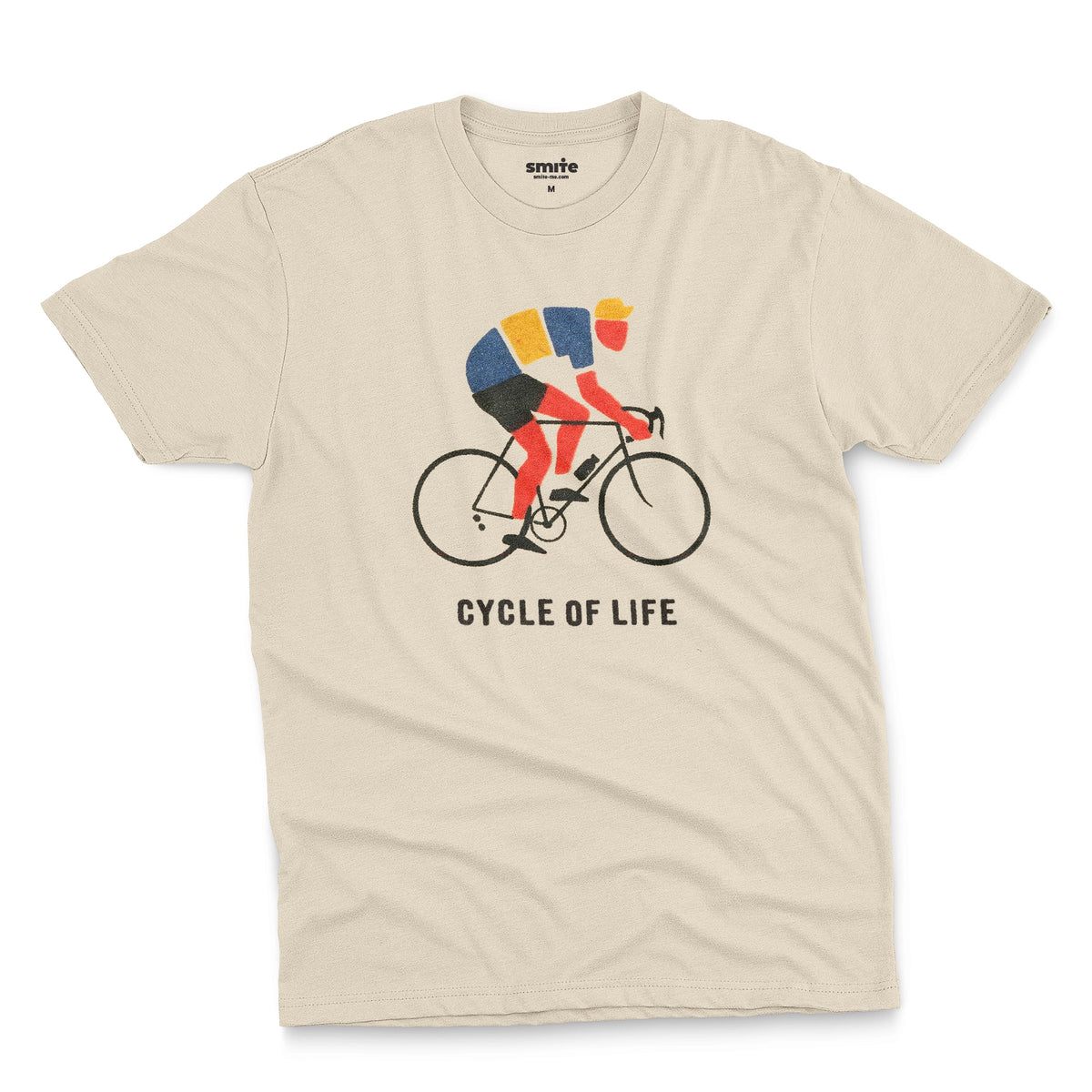 A beige t-shirt featuring a graphic of a cyclist riding a road bike with the text 'CYCLE OF LIFE' printed below.
