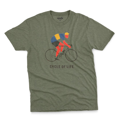 A green t-shirt featuring a graphic of a cyclist riding a road bike with the text 'CYCLE OF LIFE' printed below.