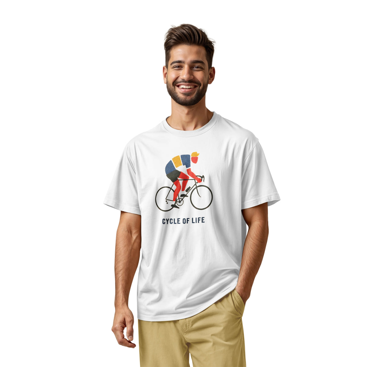 A white t-shirt featuring a graphic of a cyclist riding a road bike with the text 'CYCLE OF LIFE' printed below.
