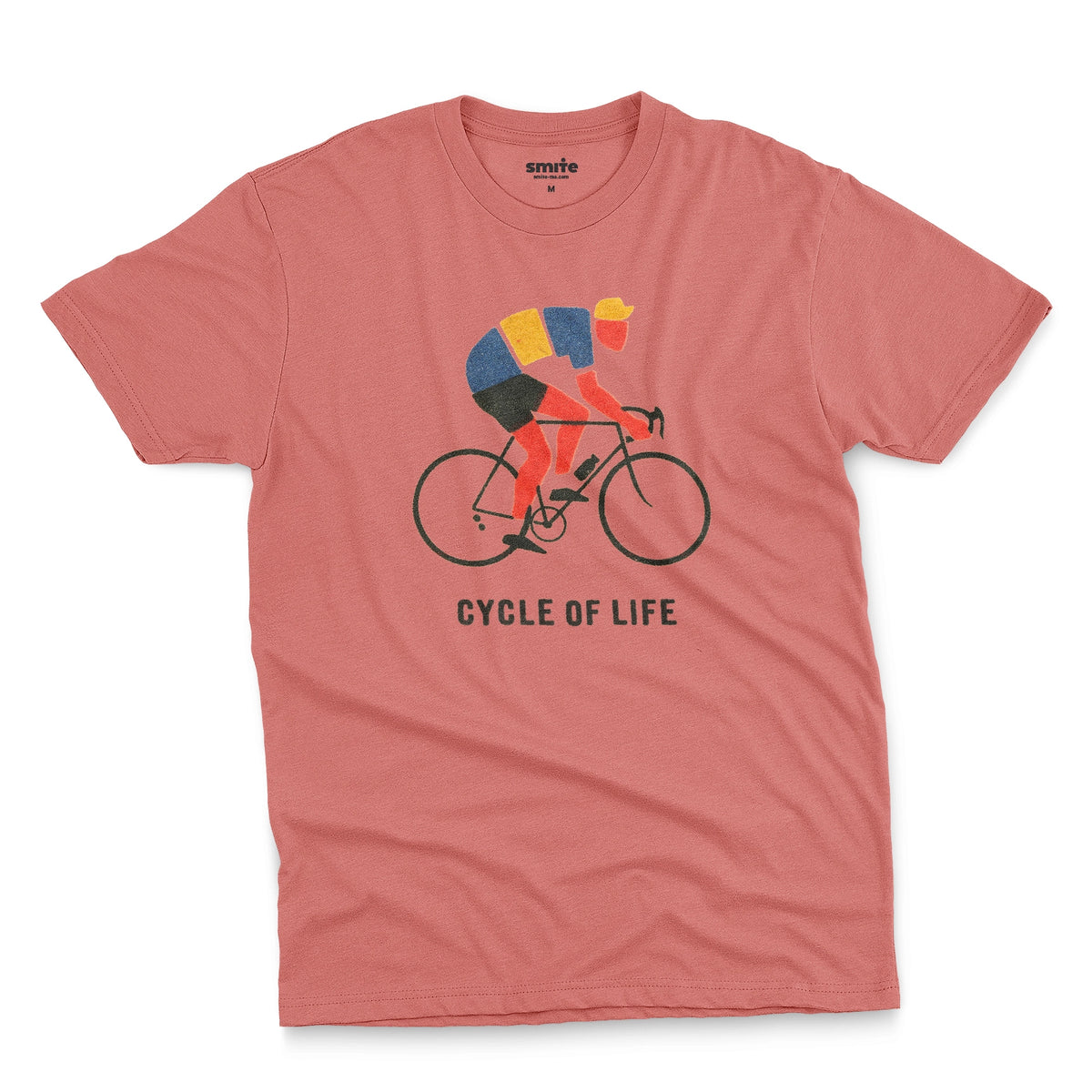 A coral pink t-shirt featuring a graphic of a cyclist riding a road bike with the text 'CYCLE OF LIFE' printed below.