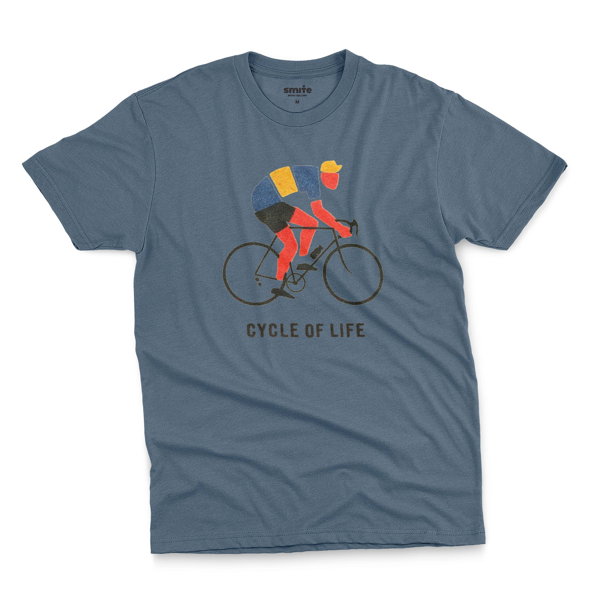A blue t-shirt featuring a graphic of a cyclist riding a road bike with the text 'CYCLE OF LIFE' printed below.