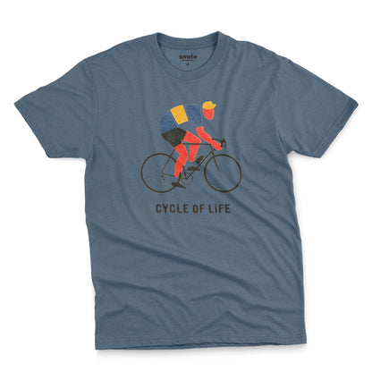 A blue t-shirt featuring a graphic of a cyclist riding a road bike with the text 'CYCLE OF LIFE' printed below.