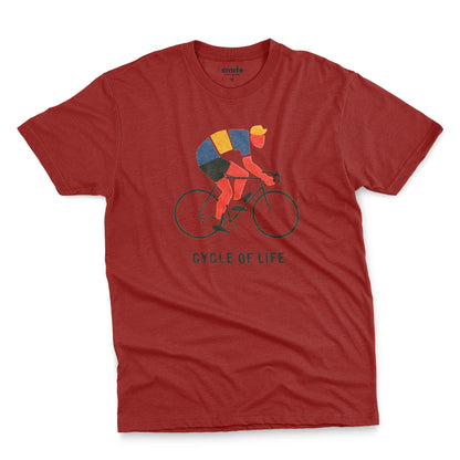 A red t-shirt featuring a graphic of a cyclist riding a road bike with the text 'CYCLE OF LIFE' printed below.