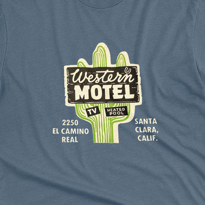 A blue t-shirt featuring a vintage advertisement for 'Western Motel' in Santa Clara, California.