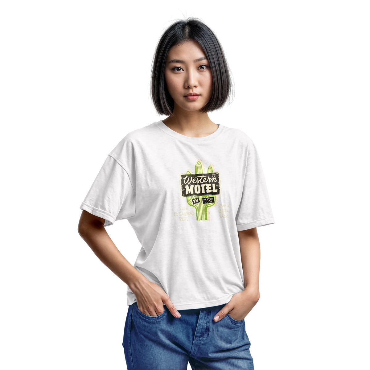 A white t-shirt featuring a vintage advertisement for 'Western Motel' in Santa Clara, California.