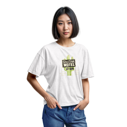 A white t-shirt featuring a vintage advertisement for 'Western Motel' in Santa Clara, California.