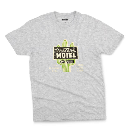 A gray marle t-shirt featuring a vintage advertisement for 'Western Motel' in Santa Clara, California.