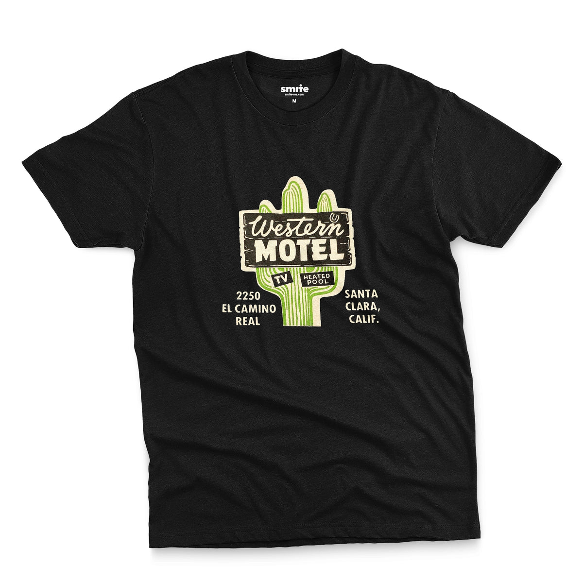 A black t-shirt featuring a vintage advertisement for 'Western Motel' in Santa Clara, California.