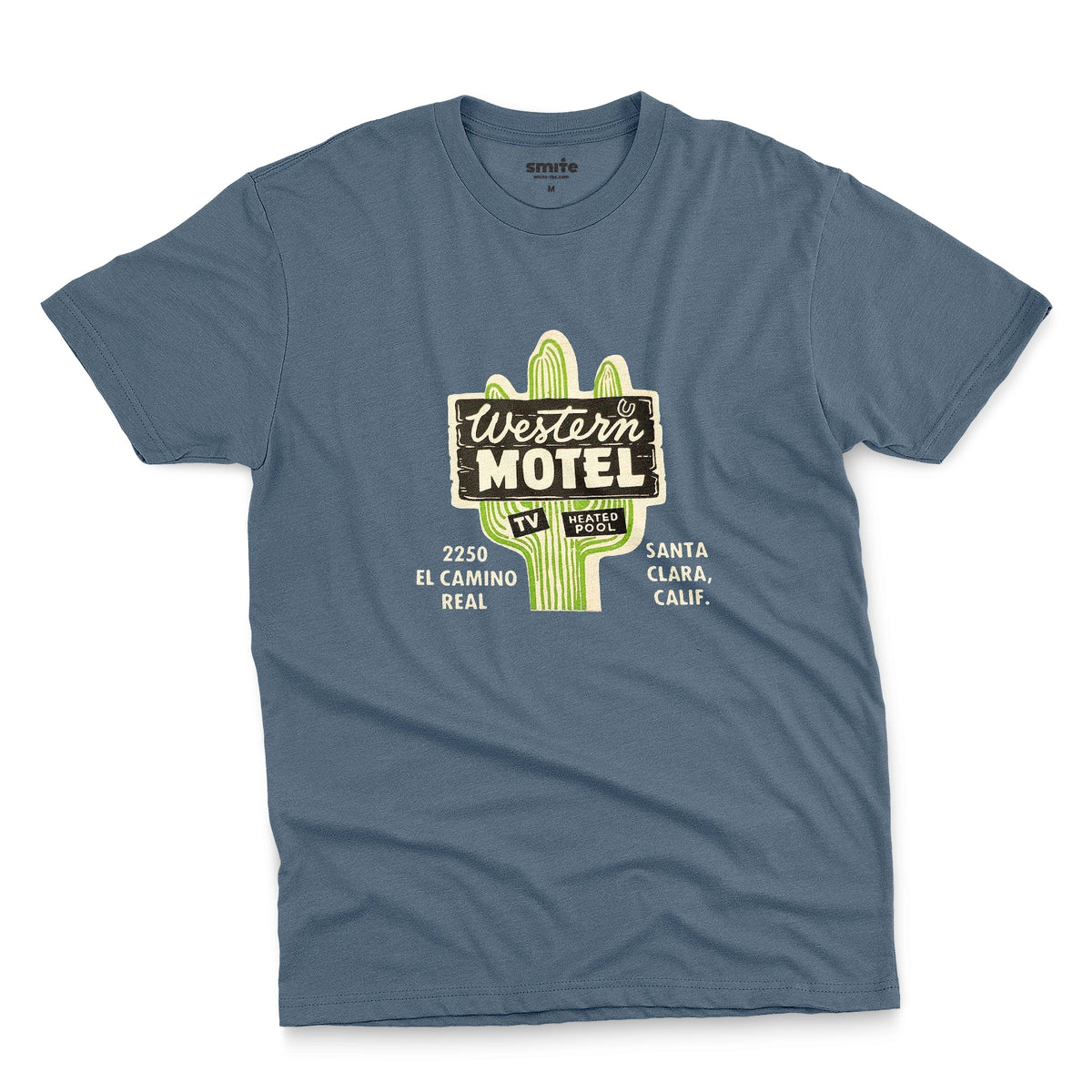 A  blue t-shirt featuring a vintage advertisement for 'Western Motel' in Santa Clara, California.