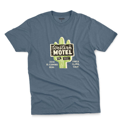 A  blue t-shirt featuring a vintage advertisement for 'Western Motel' in Santa Clara, California.