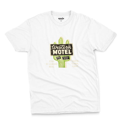 A white t-shirt featuring a vintage advertisement for 'Western Motel' in Santa Clara, California.