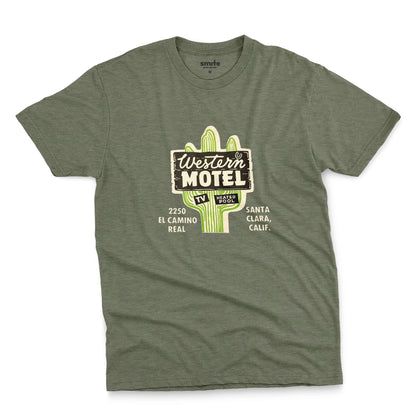 A green t-shirt featuring a vintage advertisement for 'Western Motel' in Santa Clara, California.