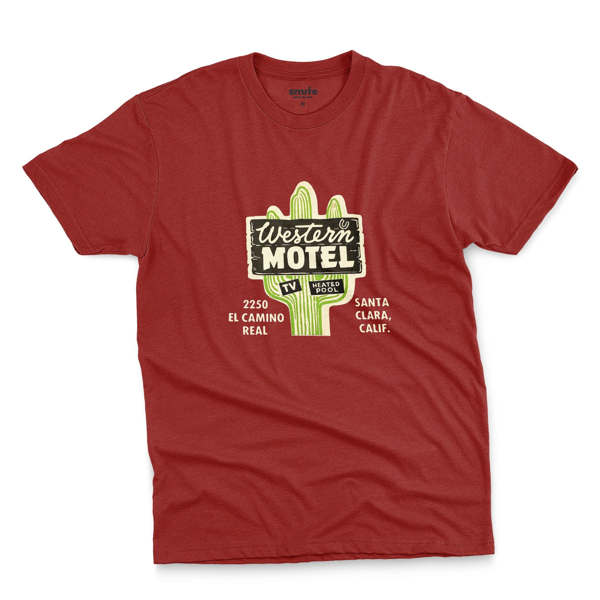 A red t-shirt featuring a vintage advertisement for 'Western Motel' in Santa Clara, California.