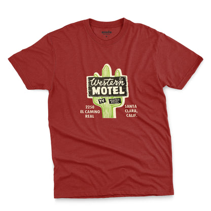A red t-shirt featuring a vintage advertisement for 'Western Motel' in Santa Clara, California.