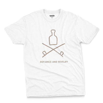 A white t-shirt with a grey graphic of a bottle and crossed smoking pipes beneath it and the words defiance and revelry. The graphic is from an 1800s Australian convict tattoo.