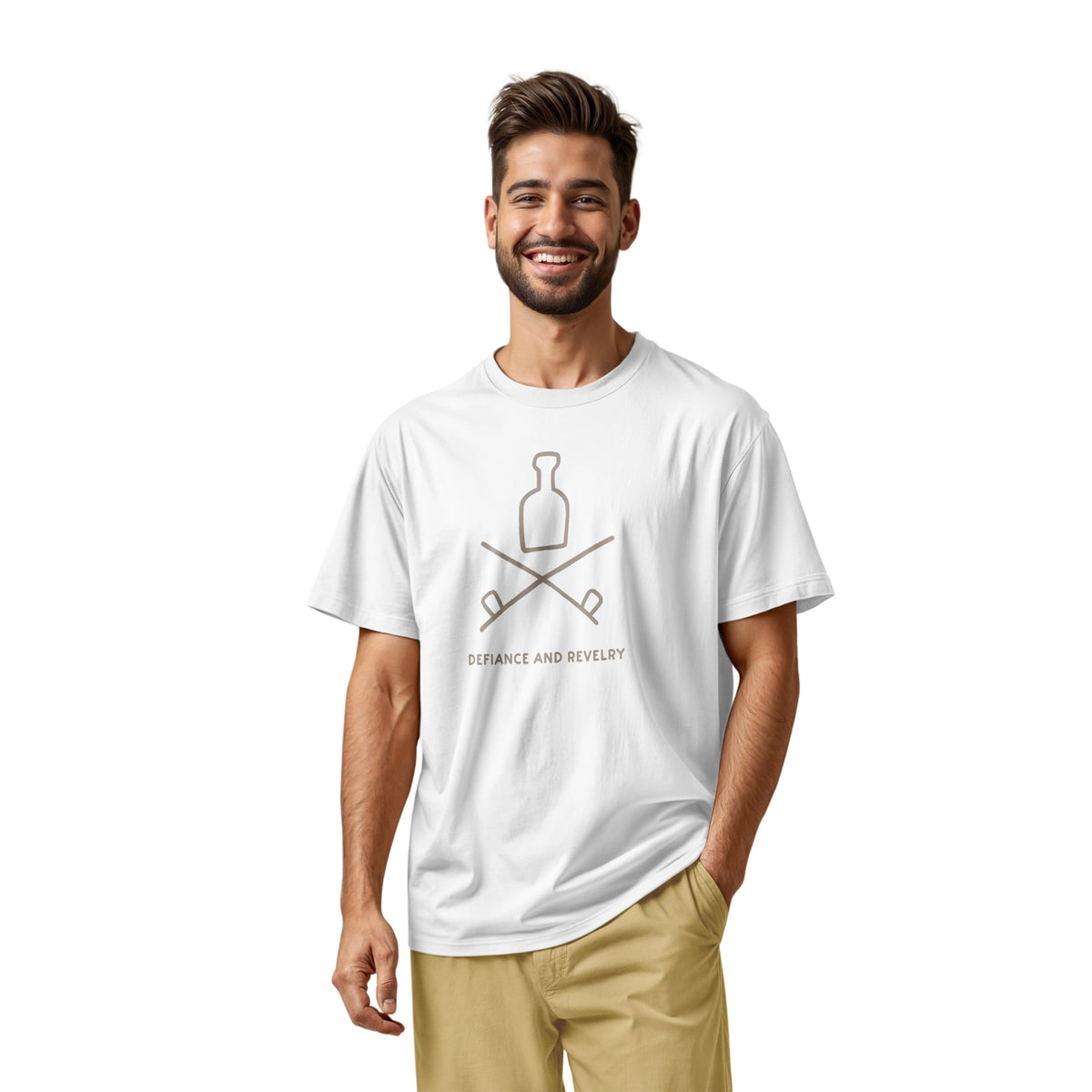 A white t-shirt with a grey graphic of a bottle and crossed smoking pipes beneath it and the words defiance and revelry. The graphic is from an 1800s Australian convict tattoo.