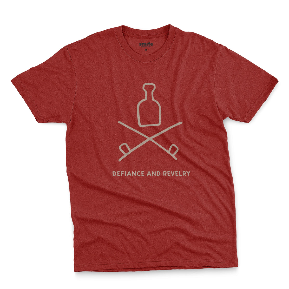 A red t-shirt with a grey graphic of a bottle and crossed smoking pipes beneath it and the words defiance and revelry. The graphic is from an 1800s Australian convict tattoo.