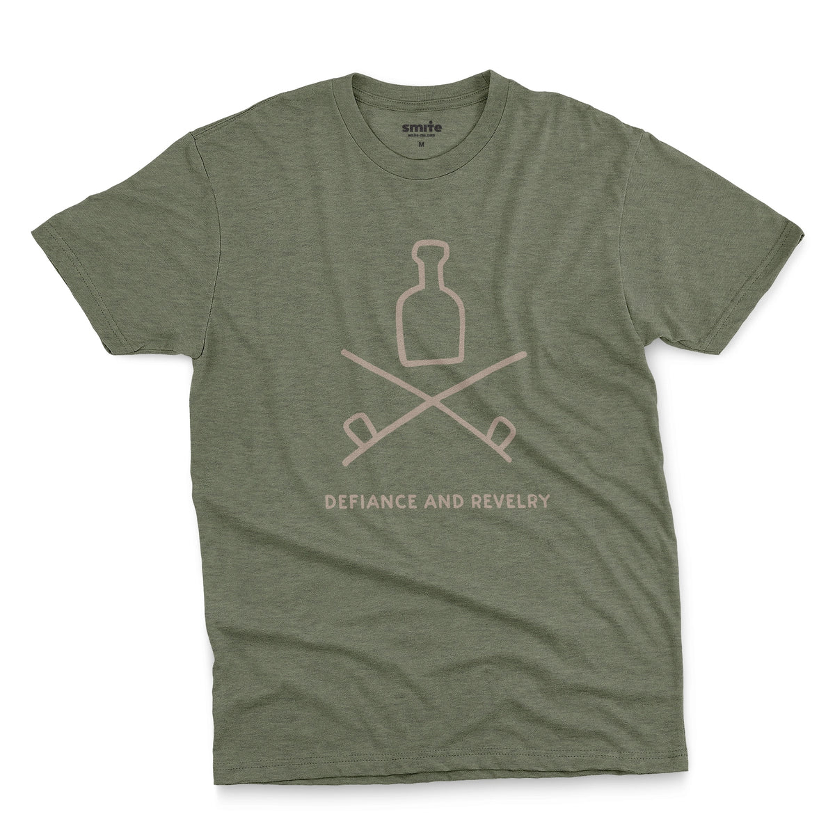 A green t-shirt with a grey graphic of a bottle and crossed smoking pipes beneath it and the words defiance and revelry. The graphic is from an 1800s Australian convict tattoo.
