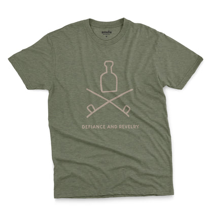 A green t-shirt with a grey graphic of a bottle and crossed smoking pipes beneath it and the words defiance and revelry. The graphic is from an 1800s Australian convict tattoo.