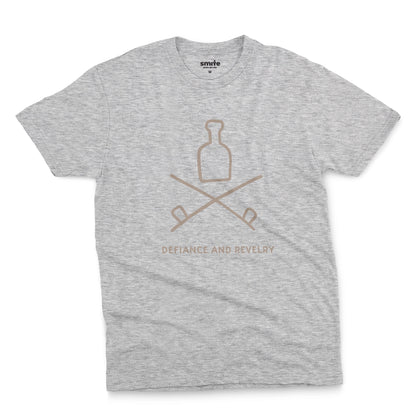 A grey marle t-shirt with a grey graphic of a bottle and crossed smoking pipes beneath it and the words defiance and revelry. The graphic is from an 1800s Australian convict tattoo.