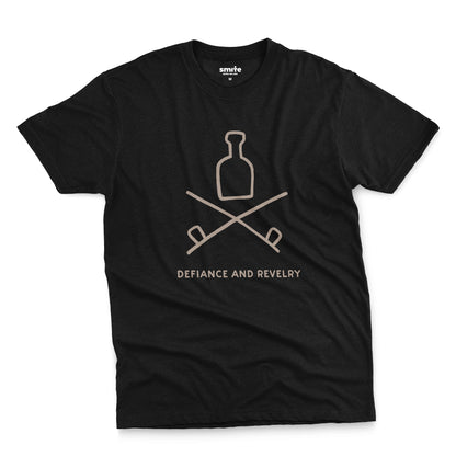 A black t-shirt with a grey graphic of a bottle and crossed smoking pipes beneath it and the words defiance and revelry. The graphic is from an 1800s Australian convict tattoo.