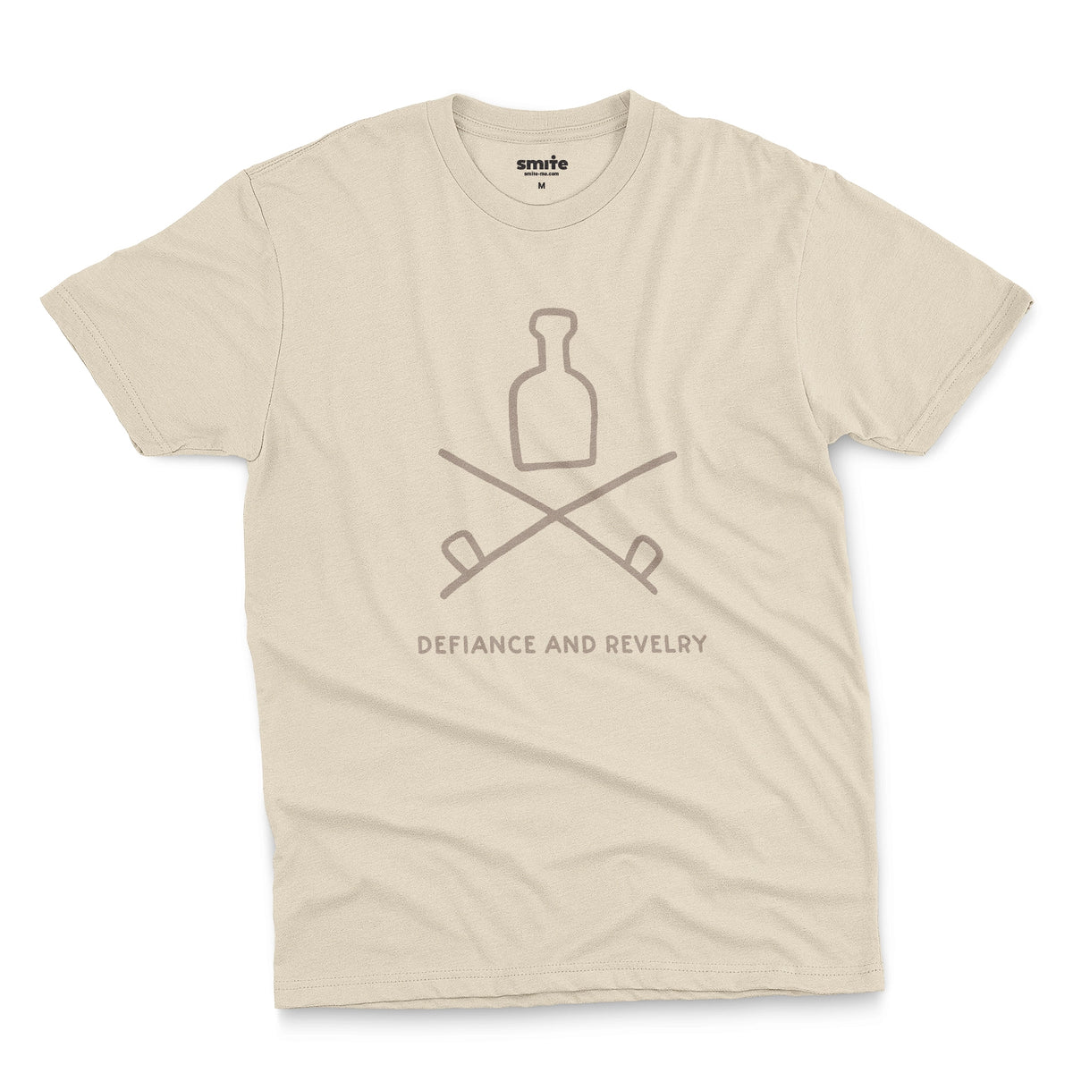 A beige t-shirt with a grey graphic of a bottle and crossed smoking pipes beneath it and the words defiance and revelry. The graphic is from an 1800s Australian convict tattoo.