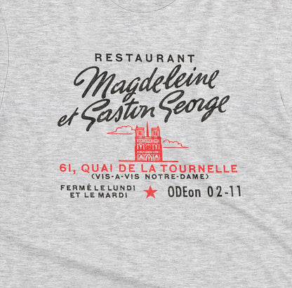A gray marle t-shirt with a vintage advertisement for the 'Magdeleine et Gaston George' restaurant in Paris, France.