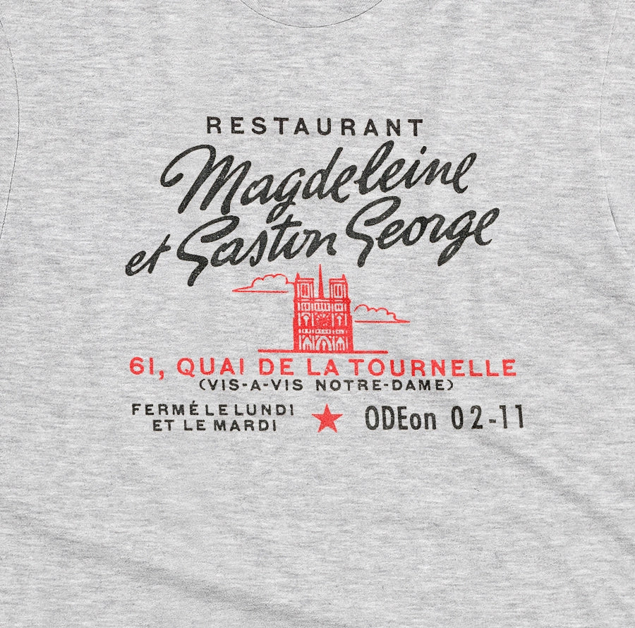 A gray marle t-shirt with a vintage advertisement for the 'Magdeleine et Gaston George' restaurant in Paris, France.