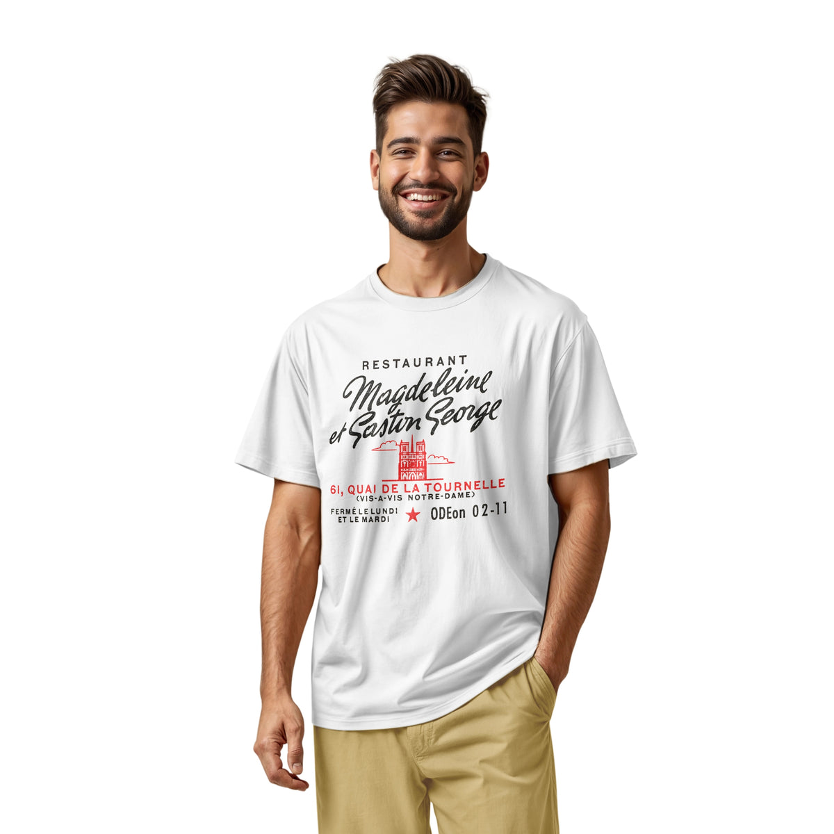 A gray marle t-shirt with a vintage advertisement for the 'Magdeleine et Gaston George' restaurant in Paris, France.
