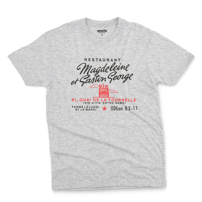 A gray marle t-shirt with a vintage advertisement for the 'Magdeleine et Gaston George' restaurant in Paris, France.