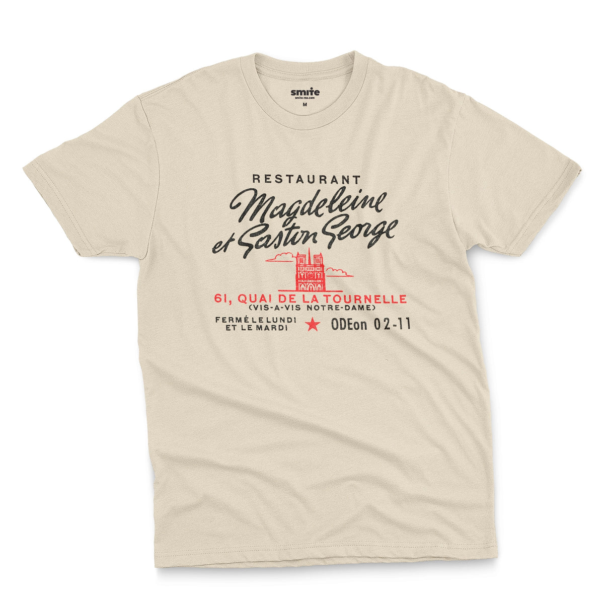 A beige t-shirt with a vintage advertisement for the 'Magdeleine et Gaston George' restaurant in Paris, France.