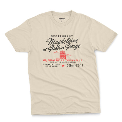 A beige t-shirt with a vintage advertisement for the 'Magdeleine et Gaston George' restaurant in Paris, France.