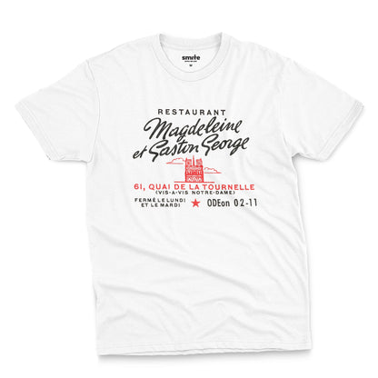 A white t-shirt with a vintage advertisement for the 'Magdeleine et Gaston George' restaurant in Paris, France.