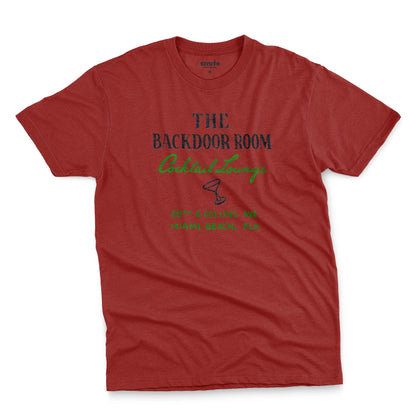 A red t-shirt with a retro advertisement for 'THE BACKDOOR ROOM Cocktail Lounge' on Miami Beach, Florida.