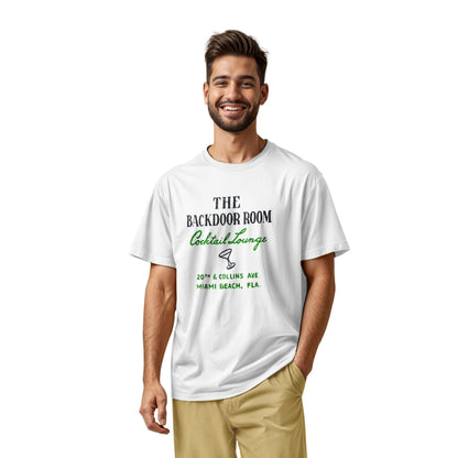 A white t-shirt with a retro advertisement for 'THE BACKDOOR ROOM Cocktail Lounge' on Miami Beach, Florida.