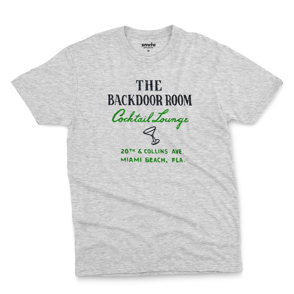 A gray marle t-shirt with a retro advertisement for 'THE BACKDOOR ROOM Cocktail Lounge' on Miami Beach, Florida.