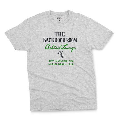 A gray marle t-shirt with a retro advertisement for 'THE BACKDOOR ROOM Cocktail Lounge' on Miami Beach, Florida.