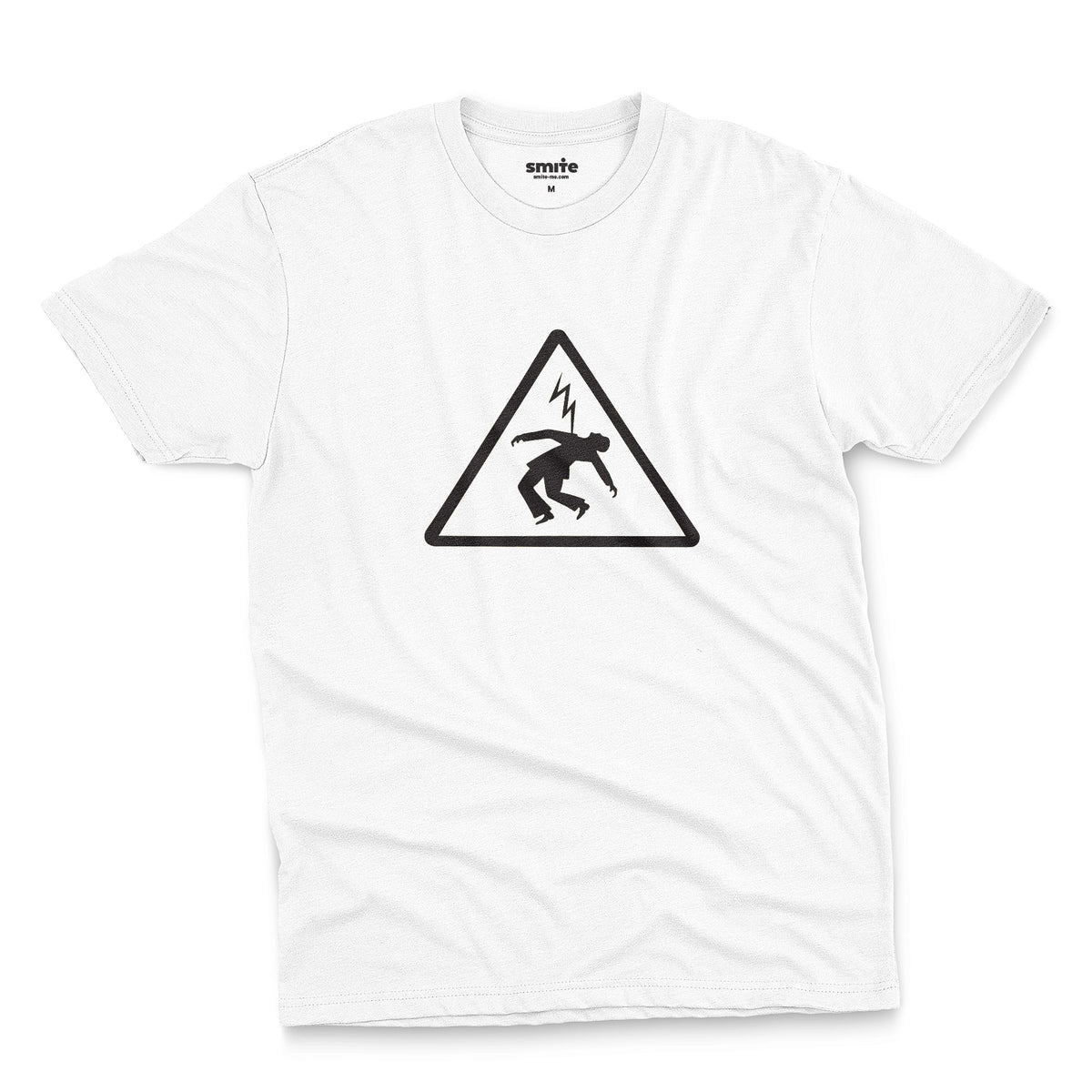 A white t-shirt with an old Spanish sign on it, warning of the danger of electrocution.