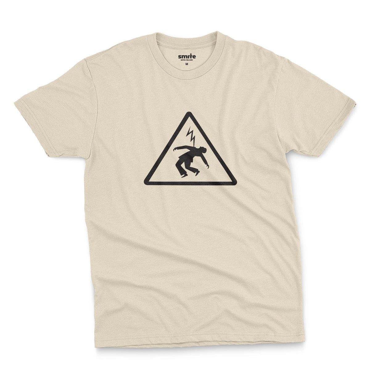 A sand coloured t-shirt with an old Spanish sign on it, warning of the danger of electrocution.