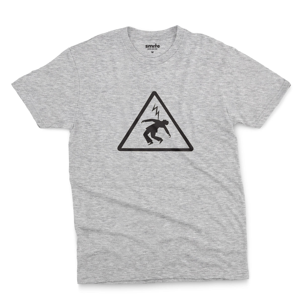 A grey marle t-shirt with an old Spanish sign on it, warning of the danger of electrocution.