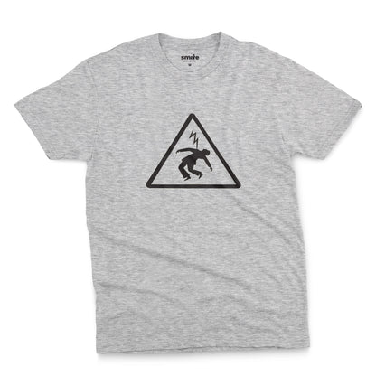 A grey marle t-shirt with an old Spanish sign on it, warning of the danger of electrocution.
