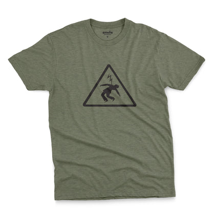 A heathered green t-shirt with an old Spanish sign on it, warning of the danger of electrocution.