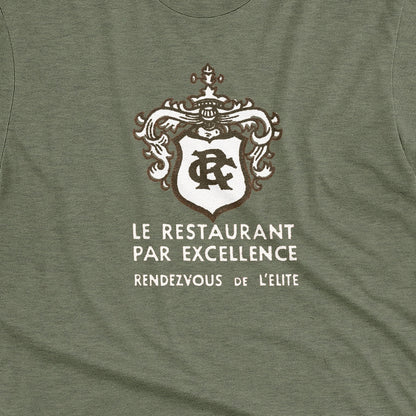 A green t-shirt with the logo for RC French restaurant.