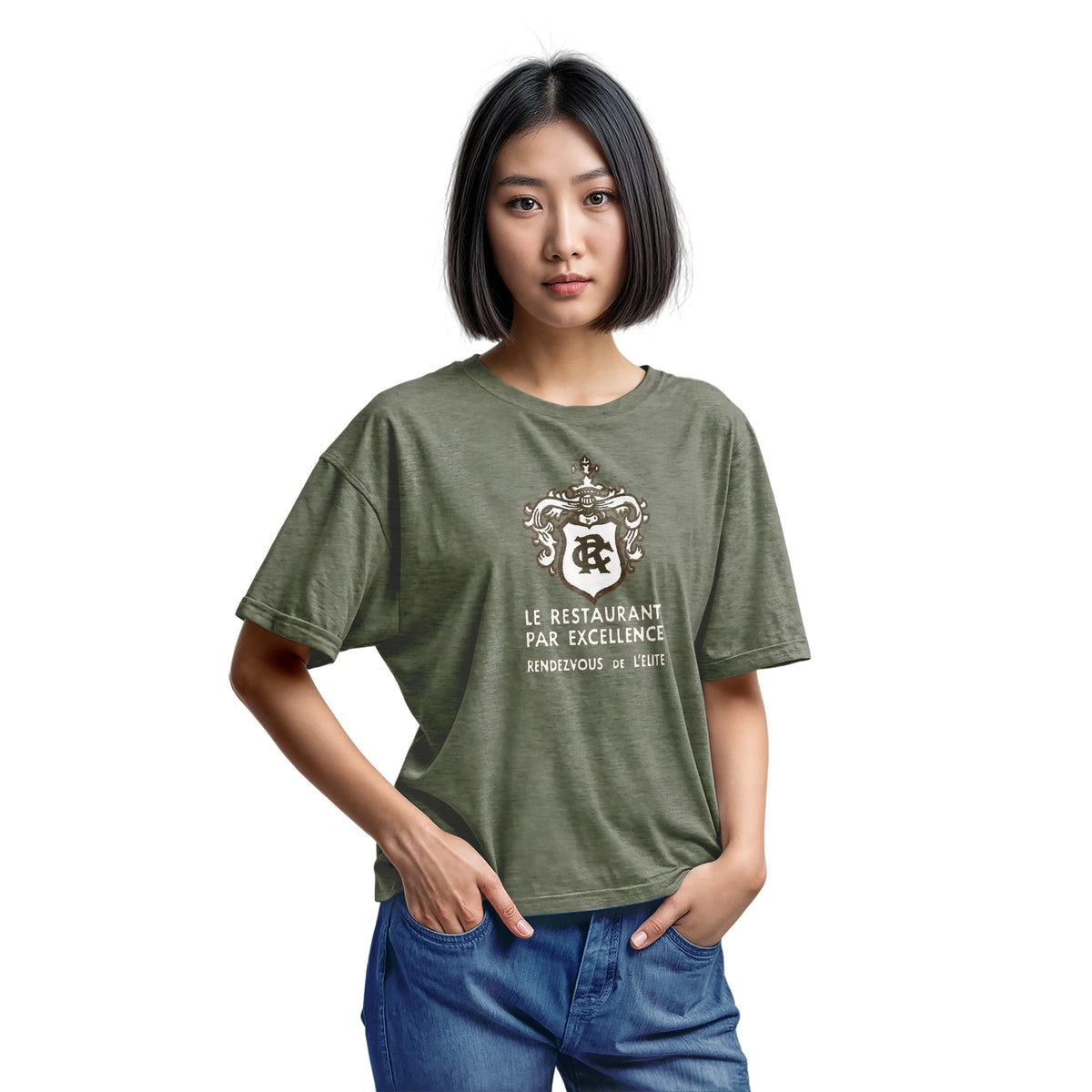 A green t-shirt with the logo for RC French restaurant.