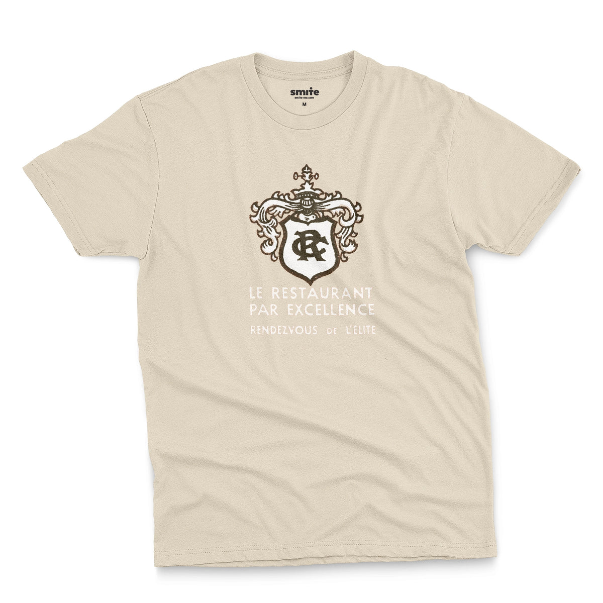 A beige t-shirt with the logo for RC French restaurant.