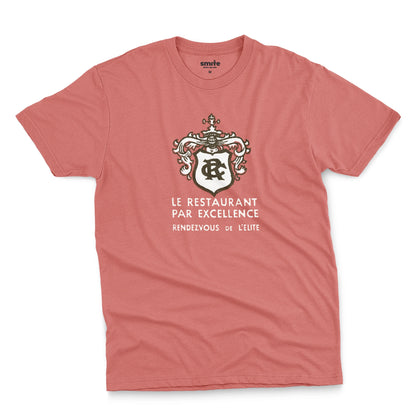 A coral pink t-shirt with the logo for RC French restaurant.