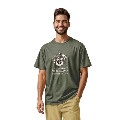 A green t-shirt with the logo for RC French restaurant.