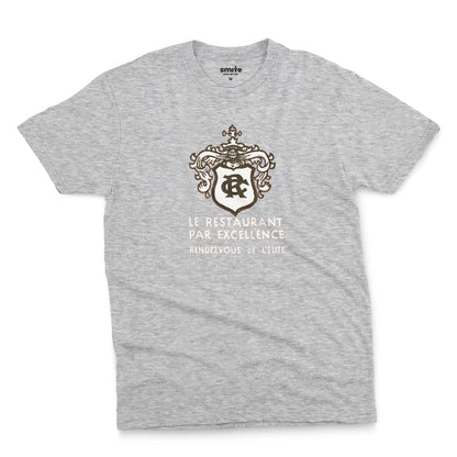 A gray marle t-shirt with the logo for RC French restaurant.