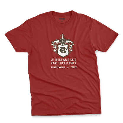 A red t-shirt with the logo for RC French restaurant.